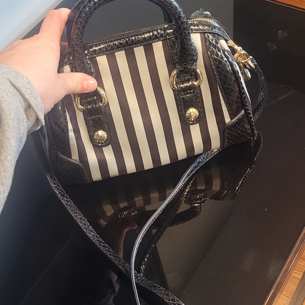 Henri Bendel Black and Cream Striped Satchel